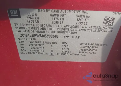 2010 Chevrolet Equinox Ls z USA, uszkodzony, nr VIN 2CNALBEW6A6350340